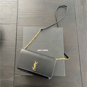 SAINT LAURENT Smooth Calfskin Monogram Phone Holder Crossbody Black